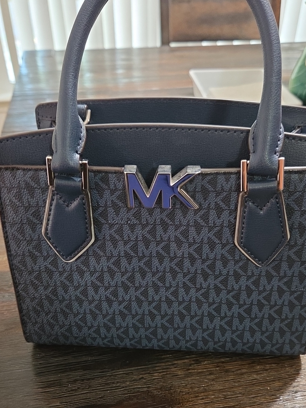 Michael Kors Navy MK Logo Signature Satchel with Rose Gold Hardware